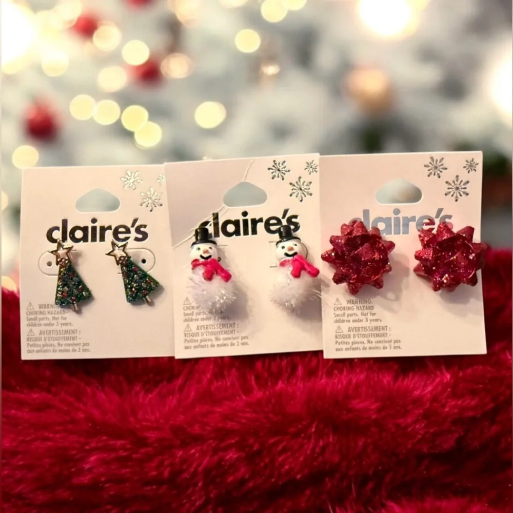 NWT Claire’s Girls Christmas Earrings Lot Tree Snowman Bow Set of 3